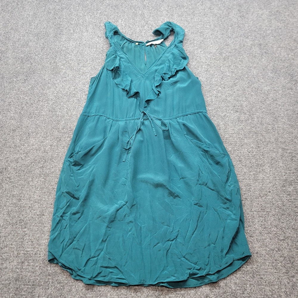 Rebecca Taylor Teal 100% Silk Ruffle V-Neck Mini Dress with Pockets Size 4
